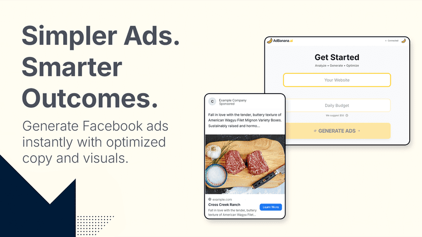Simpler ads, Smarter outcomes banner showing demo ad and UI.