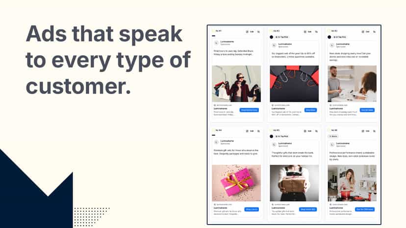 Various demo ads generated by AI for different products.