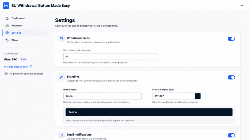 Settings page with branding and withdrawal period controls