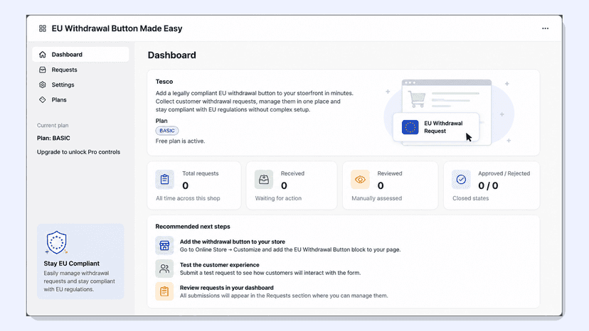 EU withdrawal request management dashboard for merchants