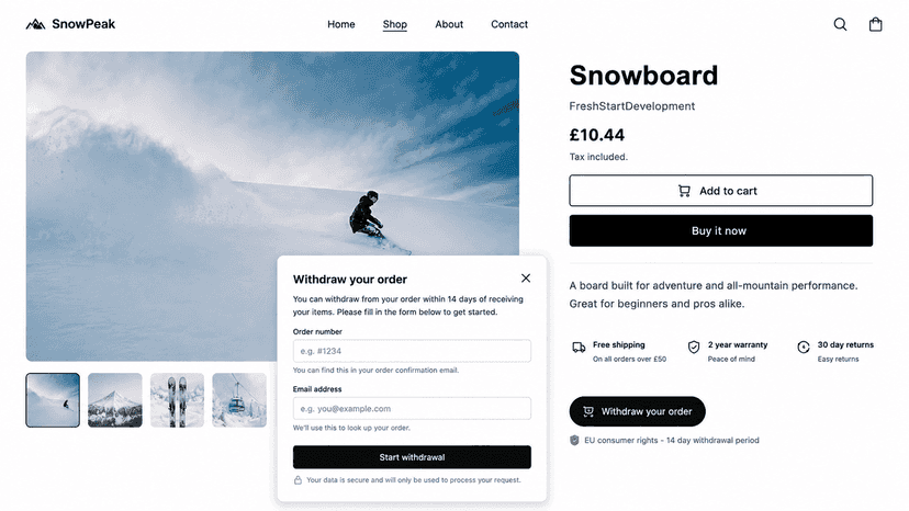 Storefront withdrawal form for customer order cancellation