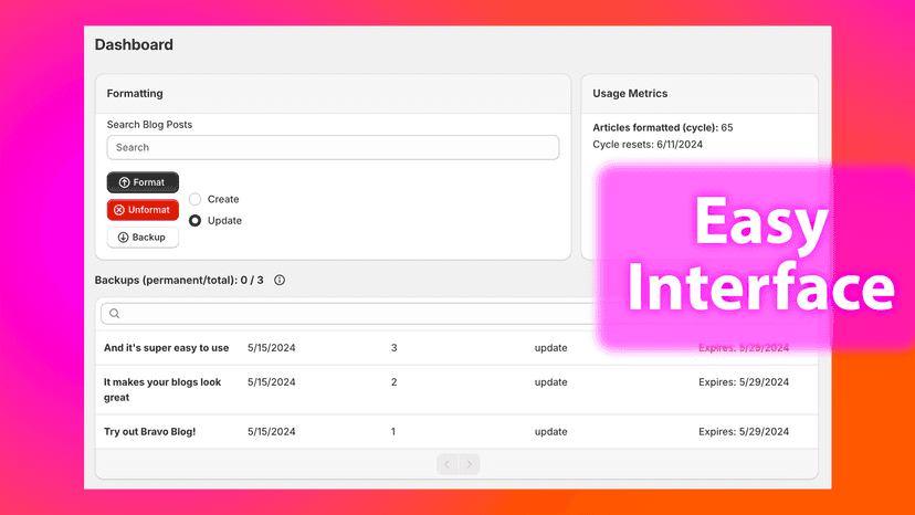 "Easy Interface": Bravo Blog dashboard