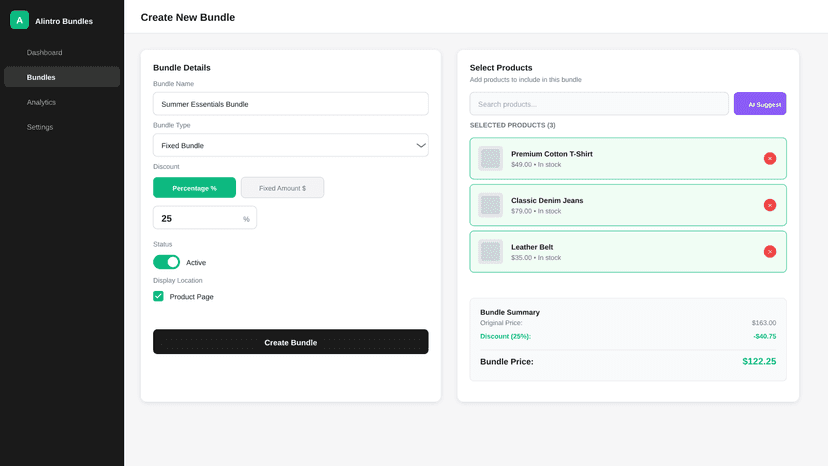 Bundle creation interface with product selection and discount se