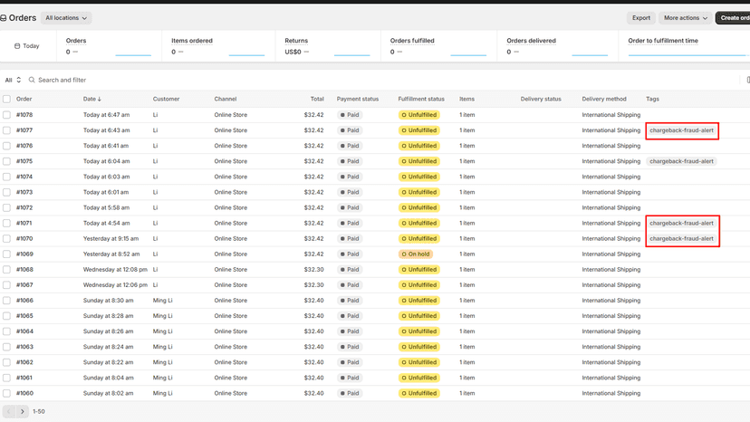 Order being tagged as a fraud risk