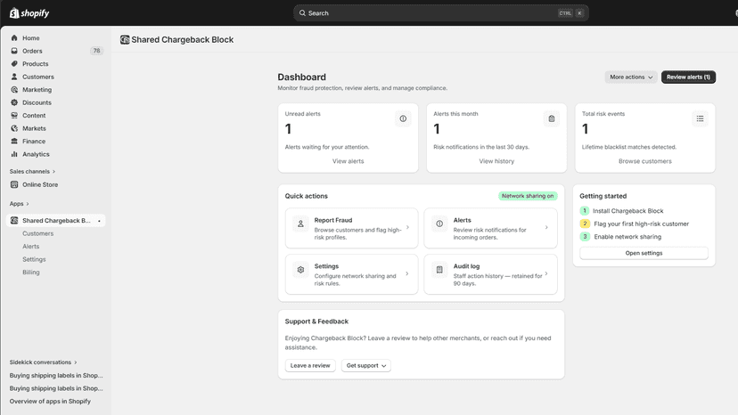 Veritag Chargeback Sharedblock app dashboard