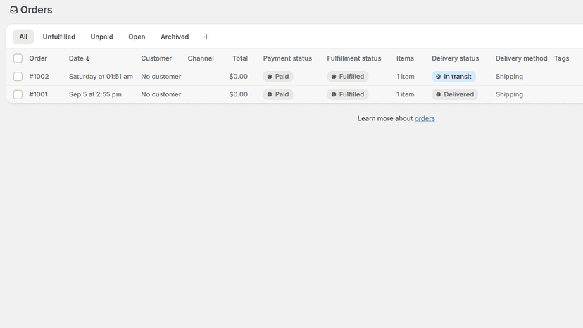 Screenshot of orders showing updated status correctly