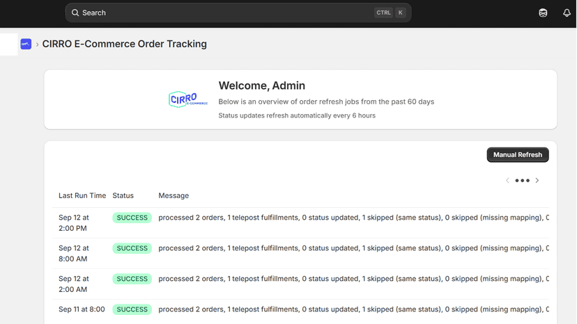 Screenshot of the app, showing order refresh status success