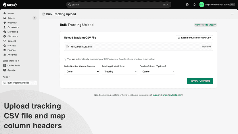 Upload tracking CSV file and map column headers