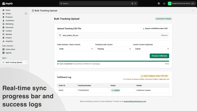 Real-time sync progress bar and success logs