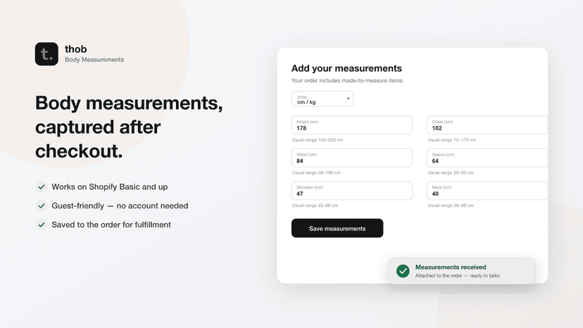Capture body measurements after checkout, attached to the order