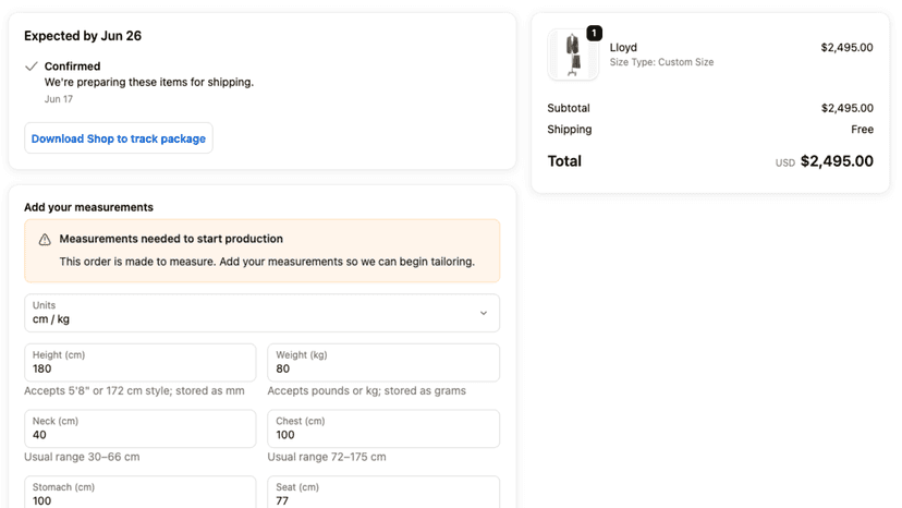 Customers add measurements after checkout, no account needed
