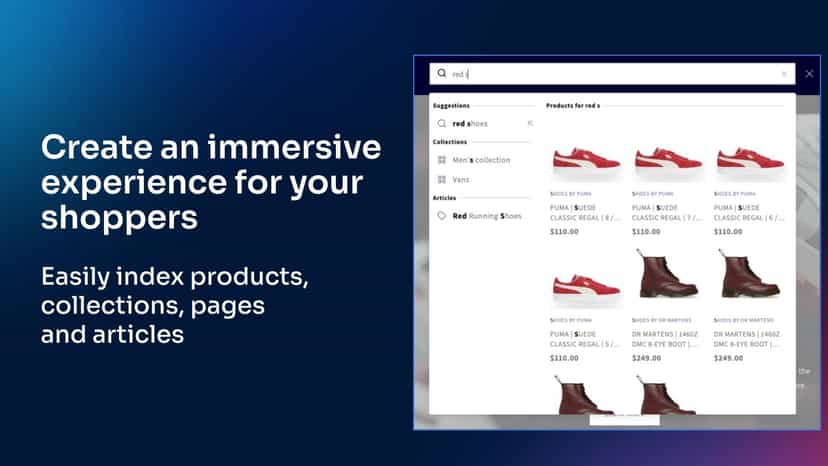 Algolia can index products, collections, pages and articles