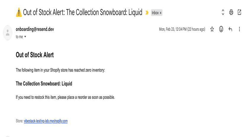 Out of stock email alert sent to merchant with product name and