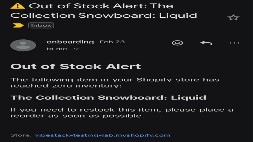 Out of stock email alert sent to merchant with product name and