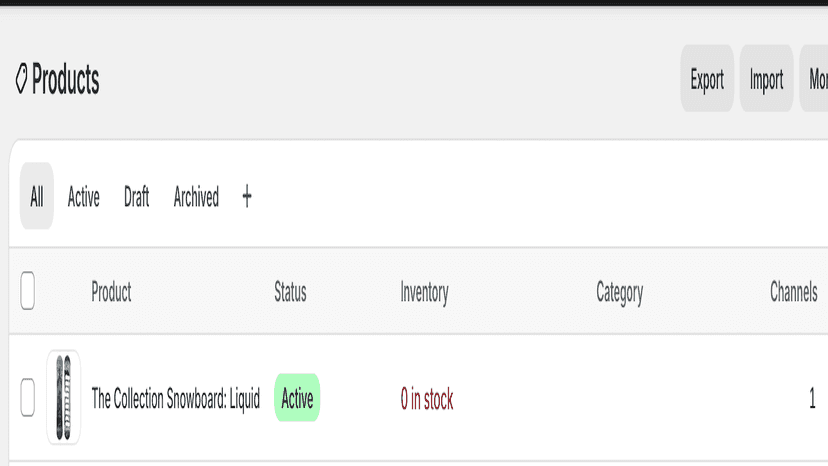 Shopify inventory dashboard showing product at zero stock level