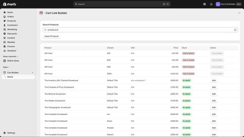 Cart Link Builder app homepage