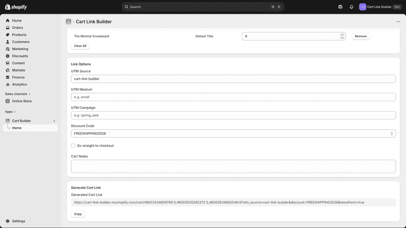 Demo screenshot of generating the shareable cart permalink