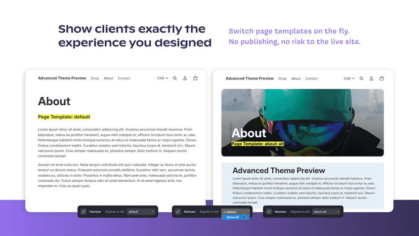 Two About pages showing different templates via dock dropdown