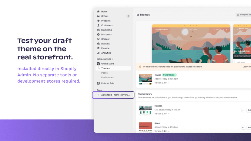 Shopify admin sidebar with Advanced Theme Preview app installed