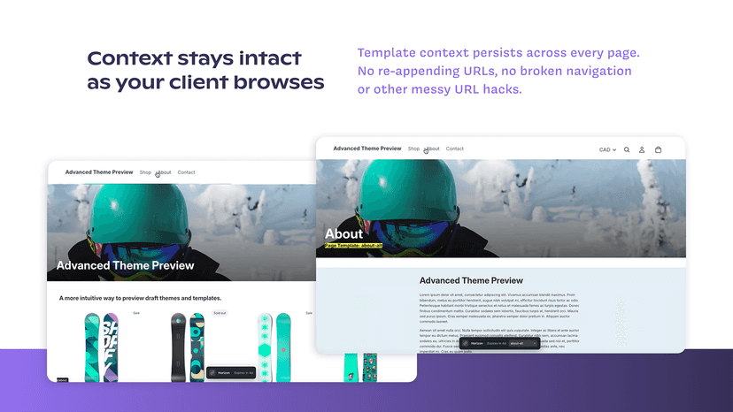 Two storefront pages keeping template context across navigation