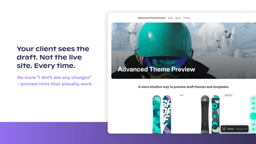 Storefront preview with theme name dock in bottom corner