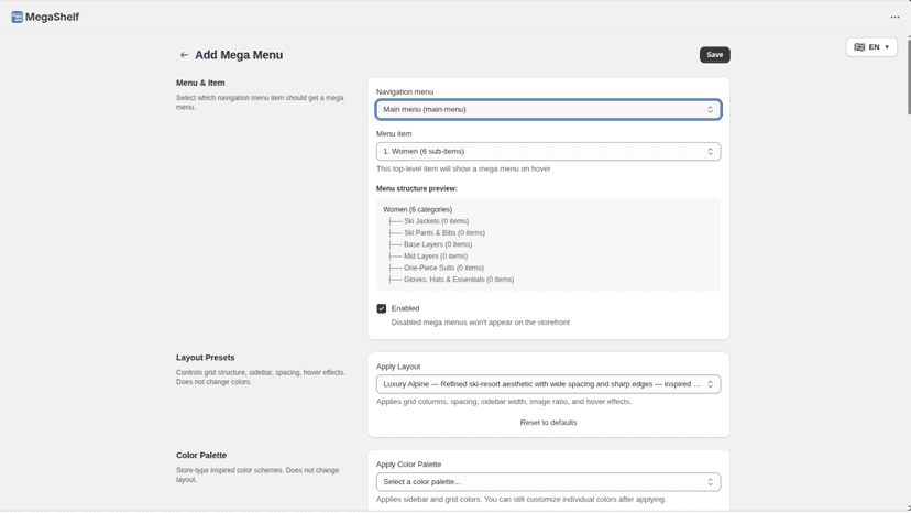 Mega menu storefront with category images and products