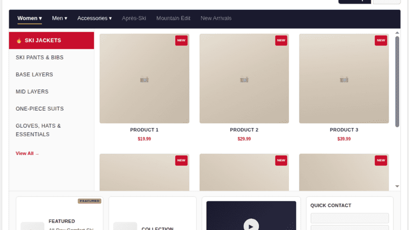 Mega menu live preview with sidebar and product grid
