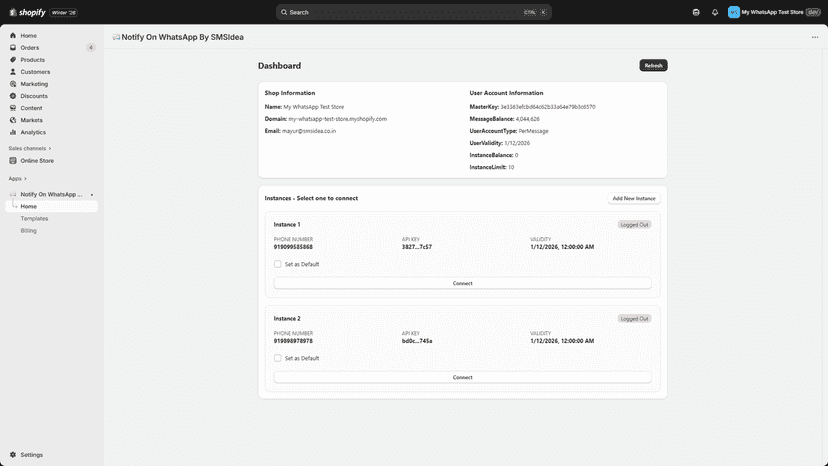 application home page with user's account details.