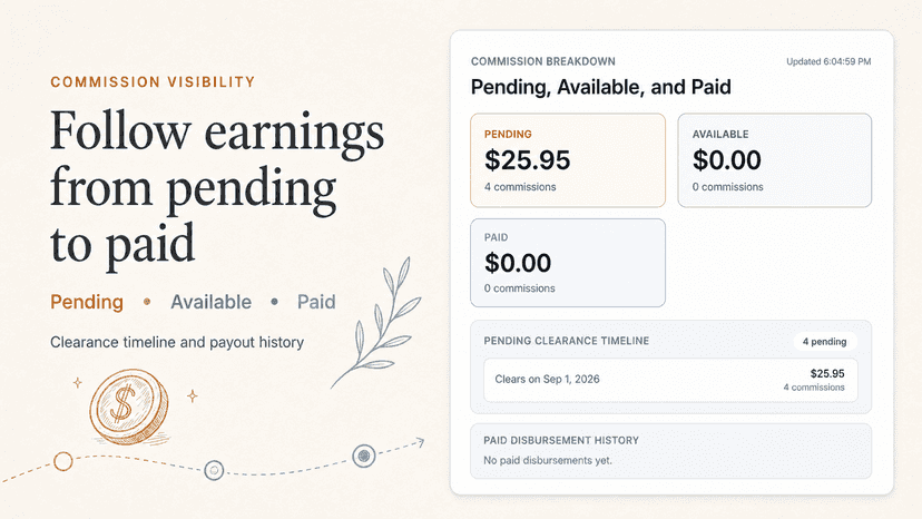 Mobile commissions with clearance timeline and payout history