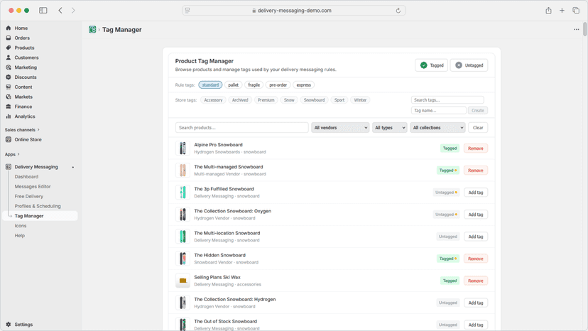 Built-in tag manager for assigning delivery rule tags