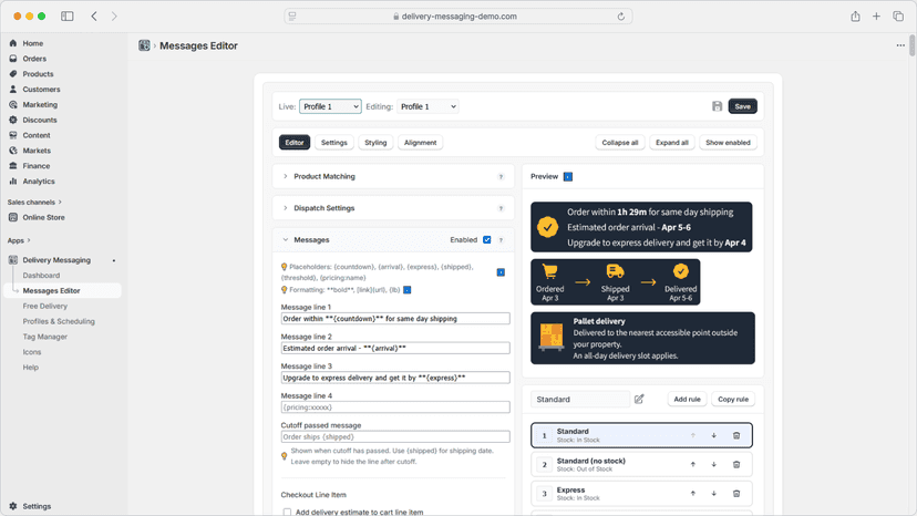 Messages editor with rule settings and live preview