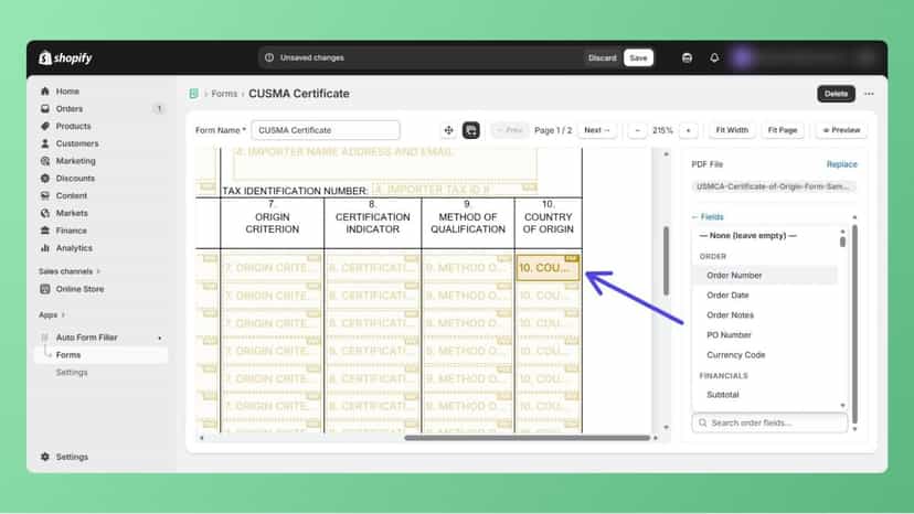 Map order data to form fields