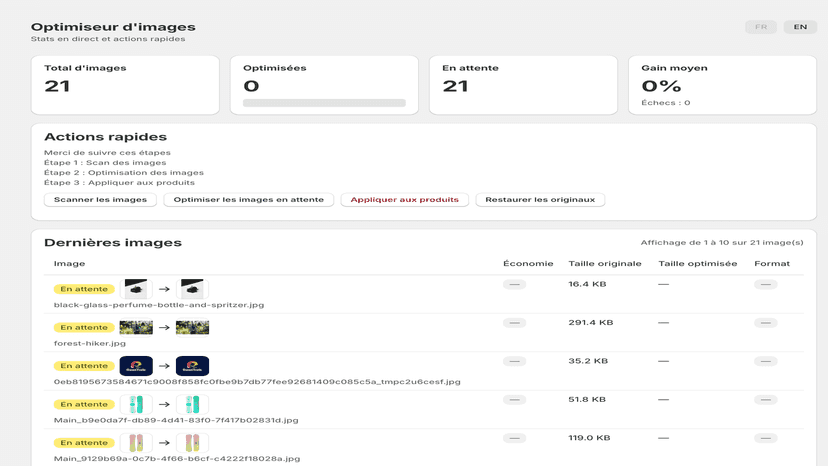Tableau de bord montrant le scan et l’optimisation des images du