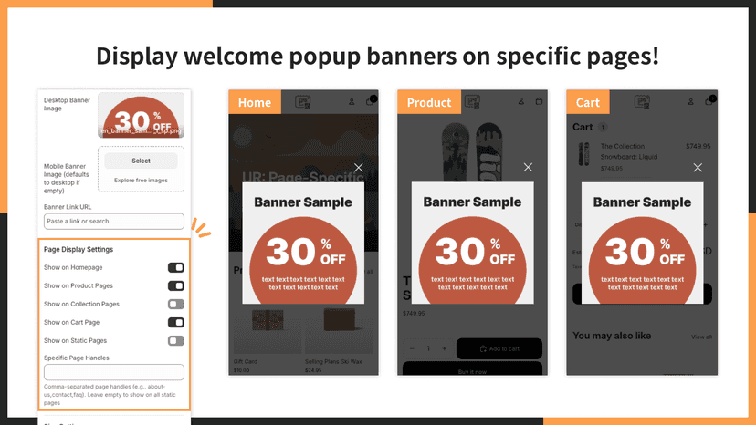 Display welcome popup banners on specific pages!