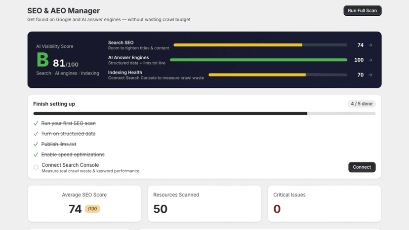 AI Visibility score with Search, AEO, and Indexing health bars
