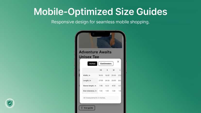 image depicting the size chart pop up on a product page