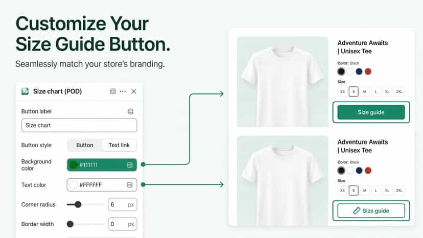 image depicting size guide button customization in theme editor