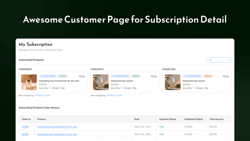 awesome customer page for subscriptions