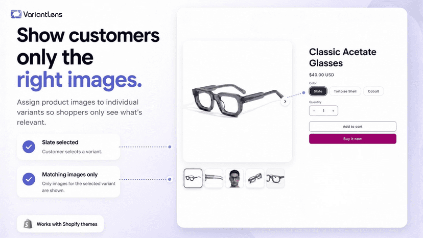 Relevant images shown for the selected product variant