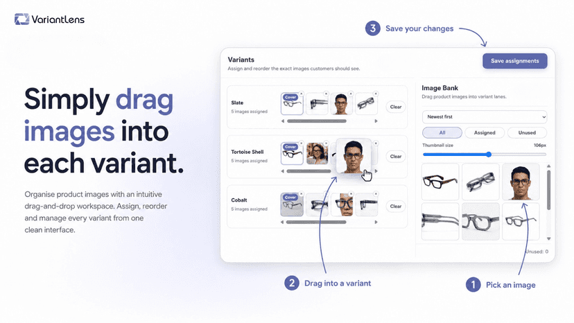 Drag images into each variant and save assignments