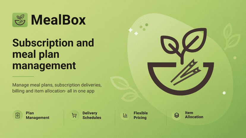 Mealbot app promo: subscription & meal plan management.