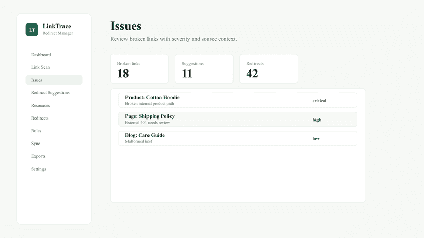 Issue table listing broken links for merchant review.