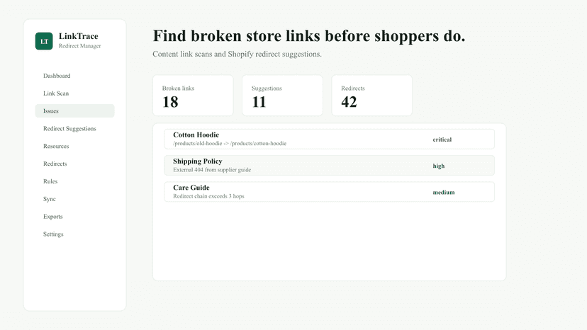 LinkTrace dashboard with broken link scan and redirect workflow.