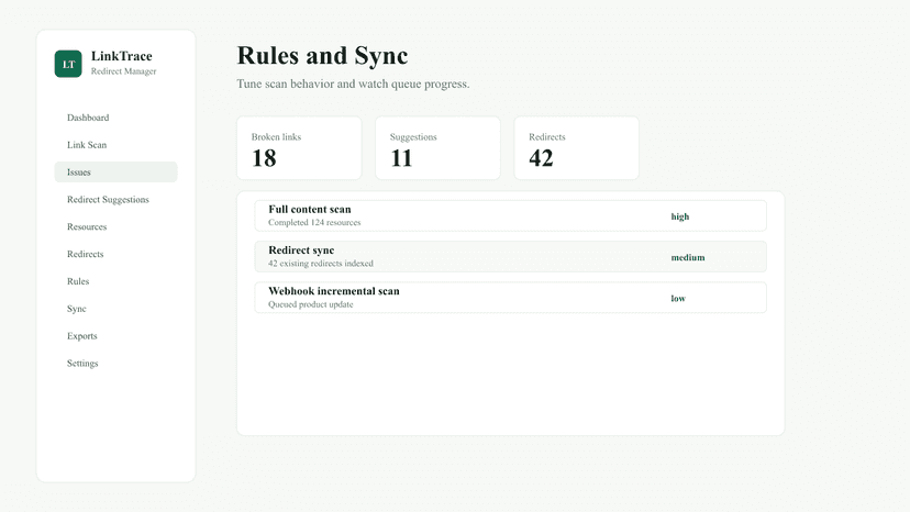 Rules and sync settings for redirect management.