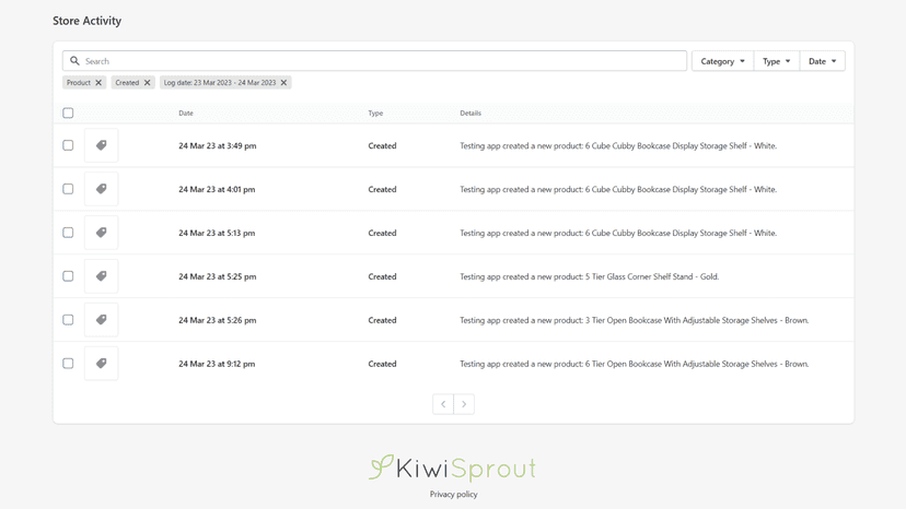 Store activity page, demonstrating filtering and logs