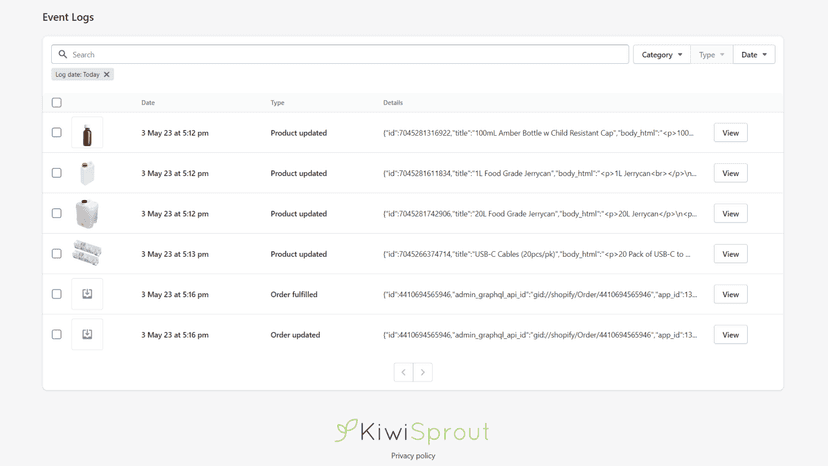 Event logs page, showing multiple products and order logs