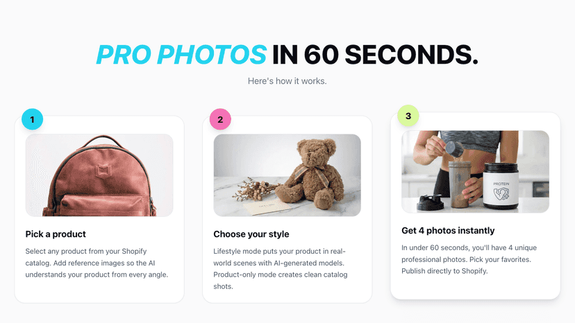 How it works in 3 steps: pick a product, pick a style, and done