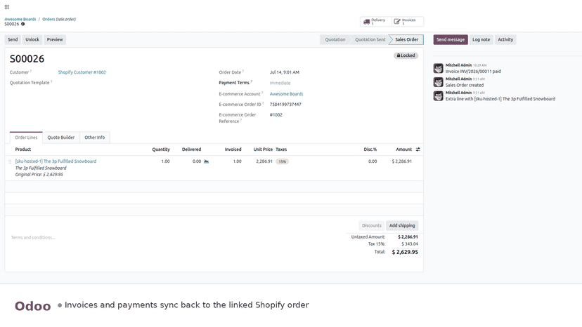 Shopify order as Odoo sales order with invoice paid status