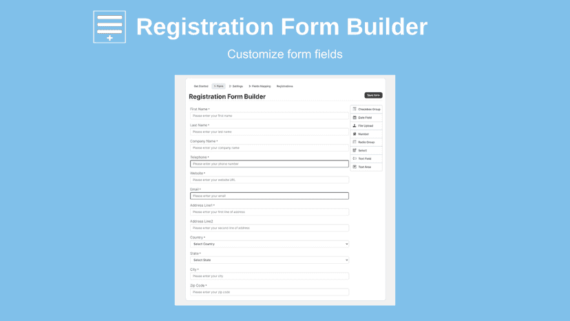 Admin Registration Form builder Shopify