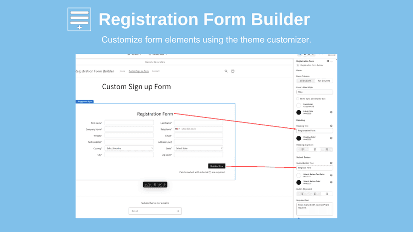 Settings Registration Form builder Shopify